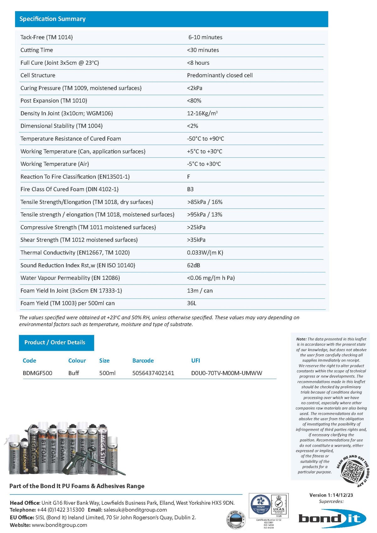 Bond It MGF ultra high yield PU foam technical data sheet page 3