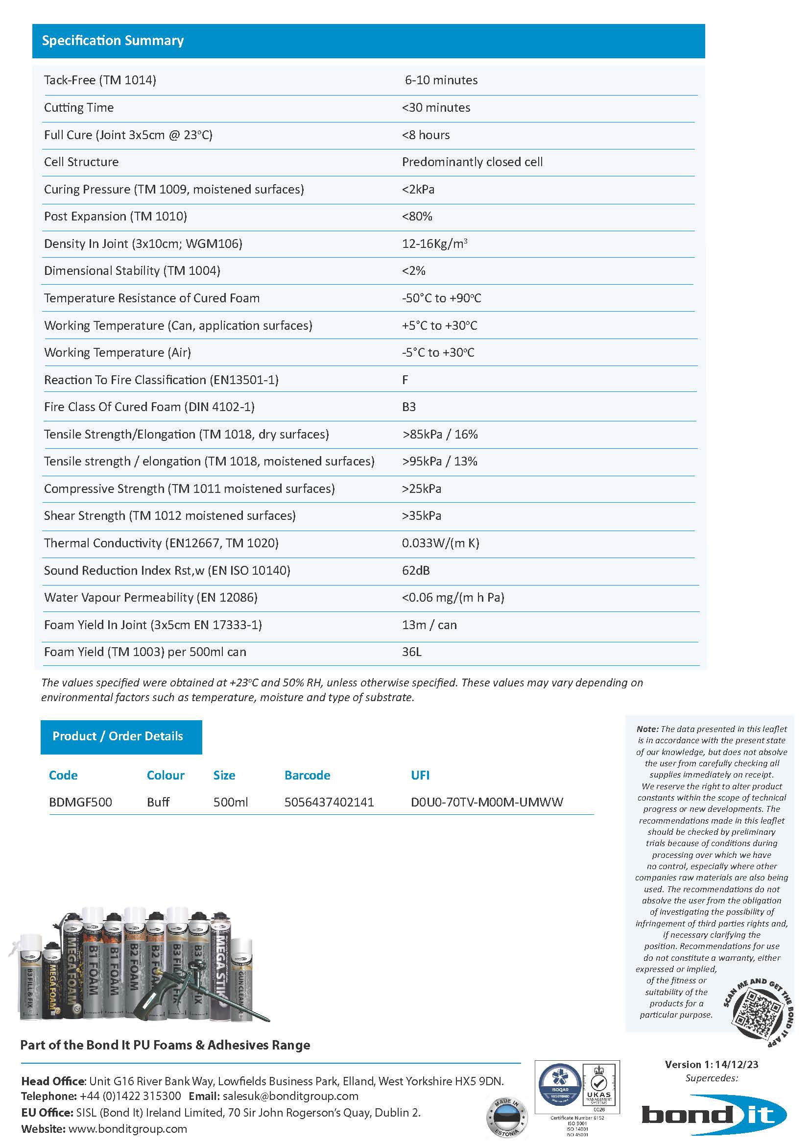 Bond It MGF ultra high yield PU foam technical data sheet page 3