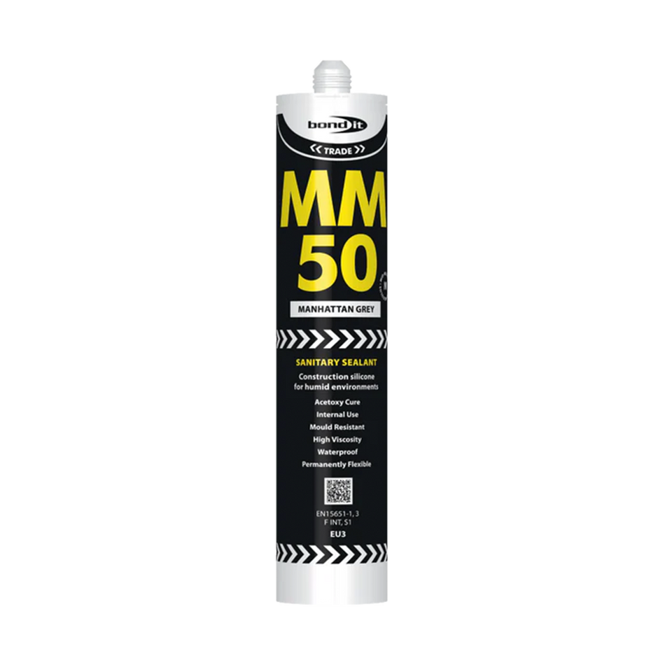 Bond It MM50 sanitary silicone sealant Manhattan Grey 310ml cartridge on white background