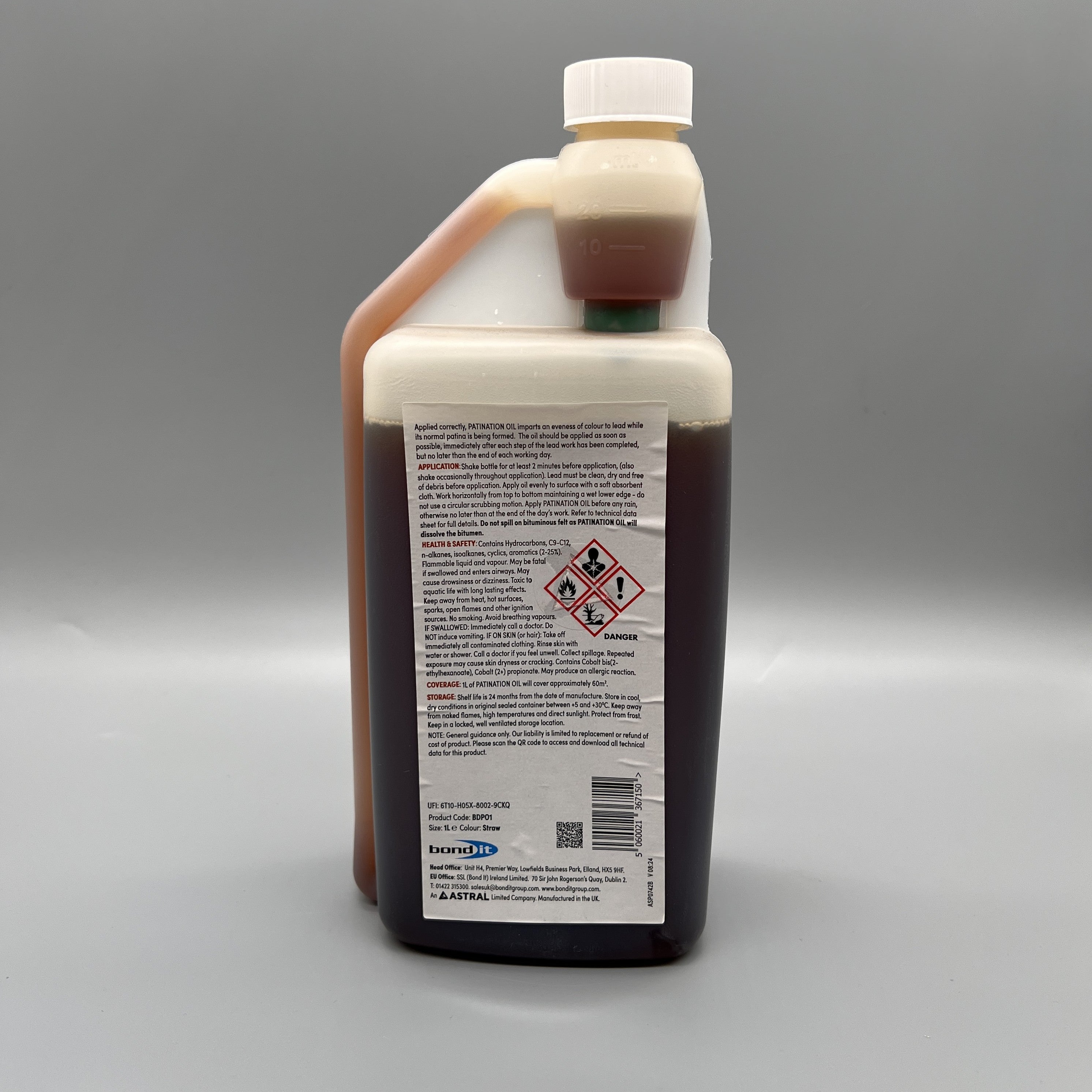 Bond It Patination Oil 1L back label with product information