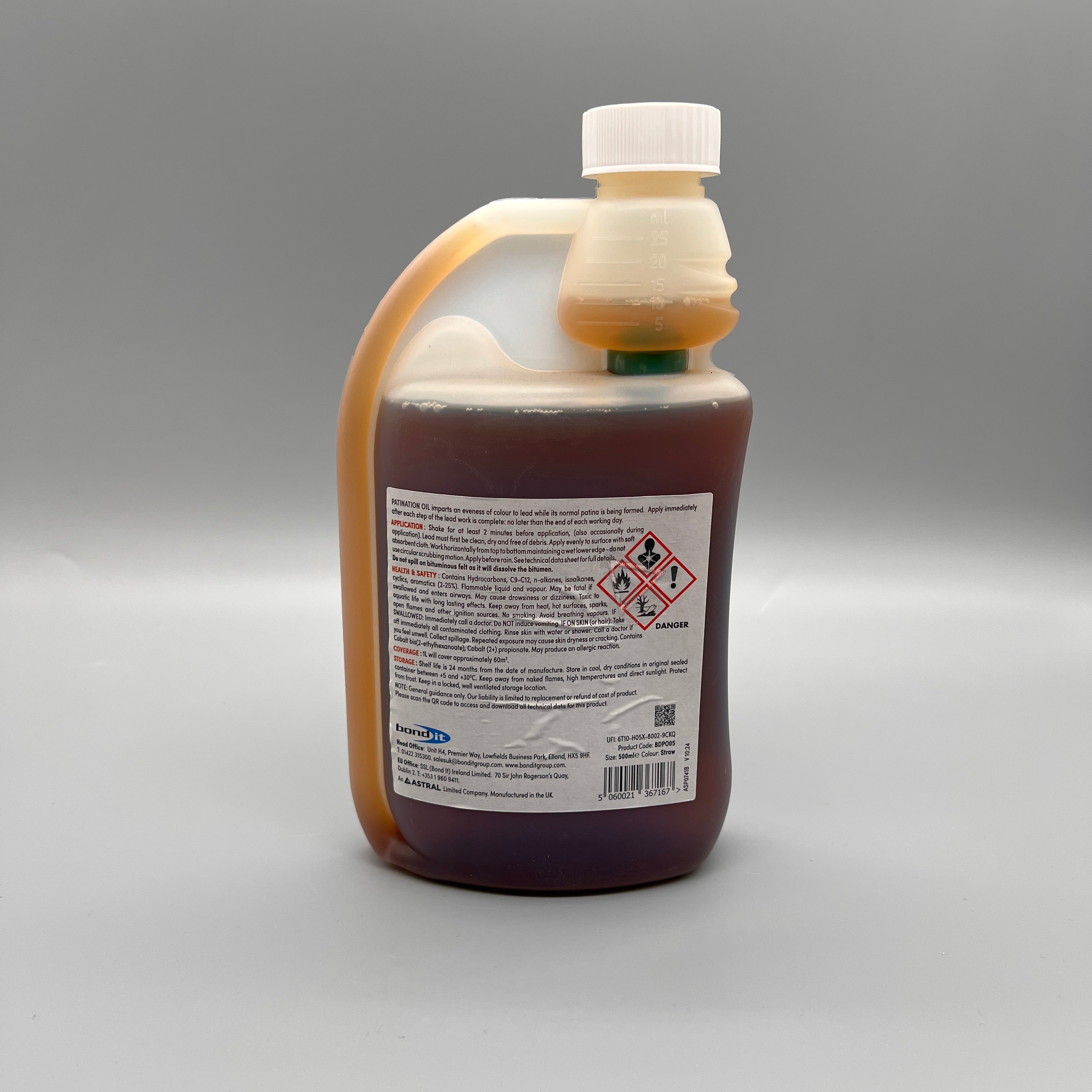 Bond It Patination Oil 500ml back label with product information