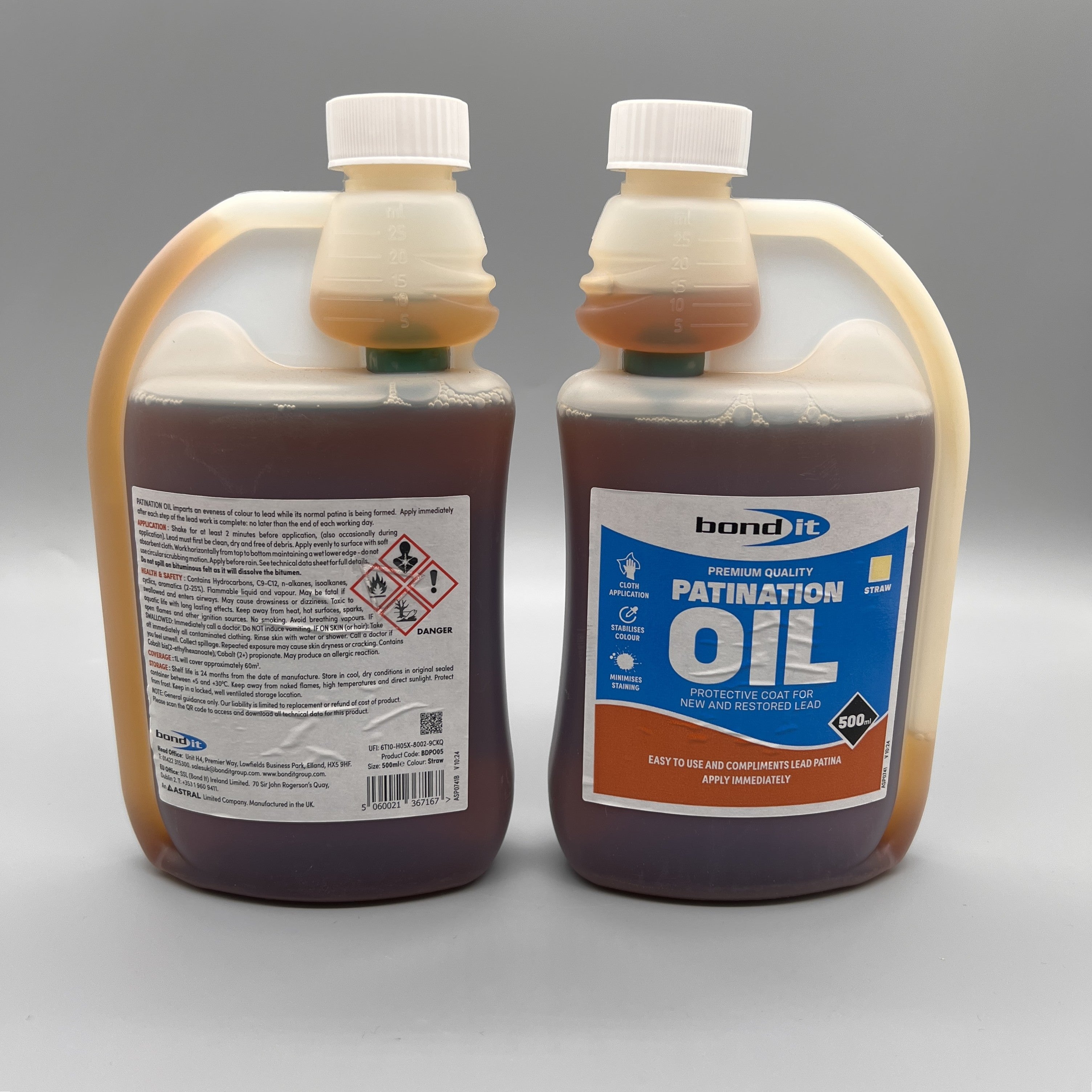 Bond It Patination Oil 500ml back label with product information and front of bottle