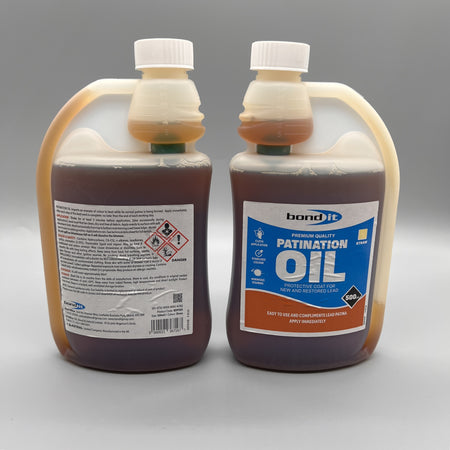 Bond It Patination Oil 500ml back label with product information and front of bottle