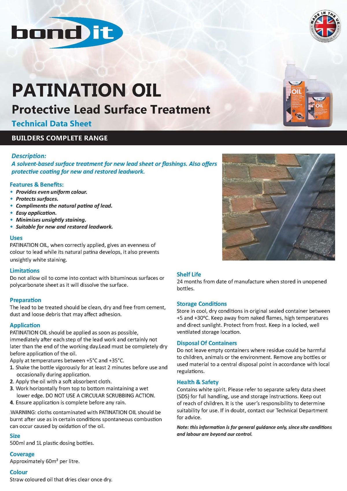 Patternation Oil Bond It Patination Oil – Protective Coating for Lead Sheet & Metals 1L ...