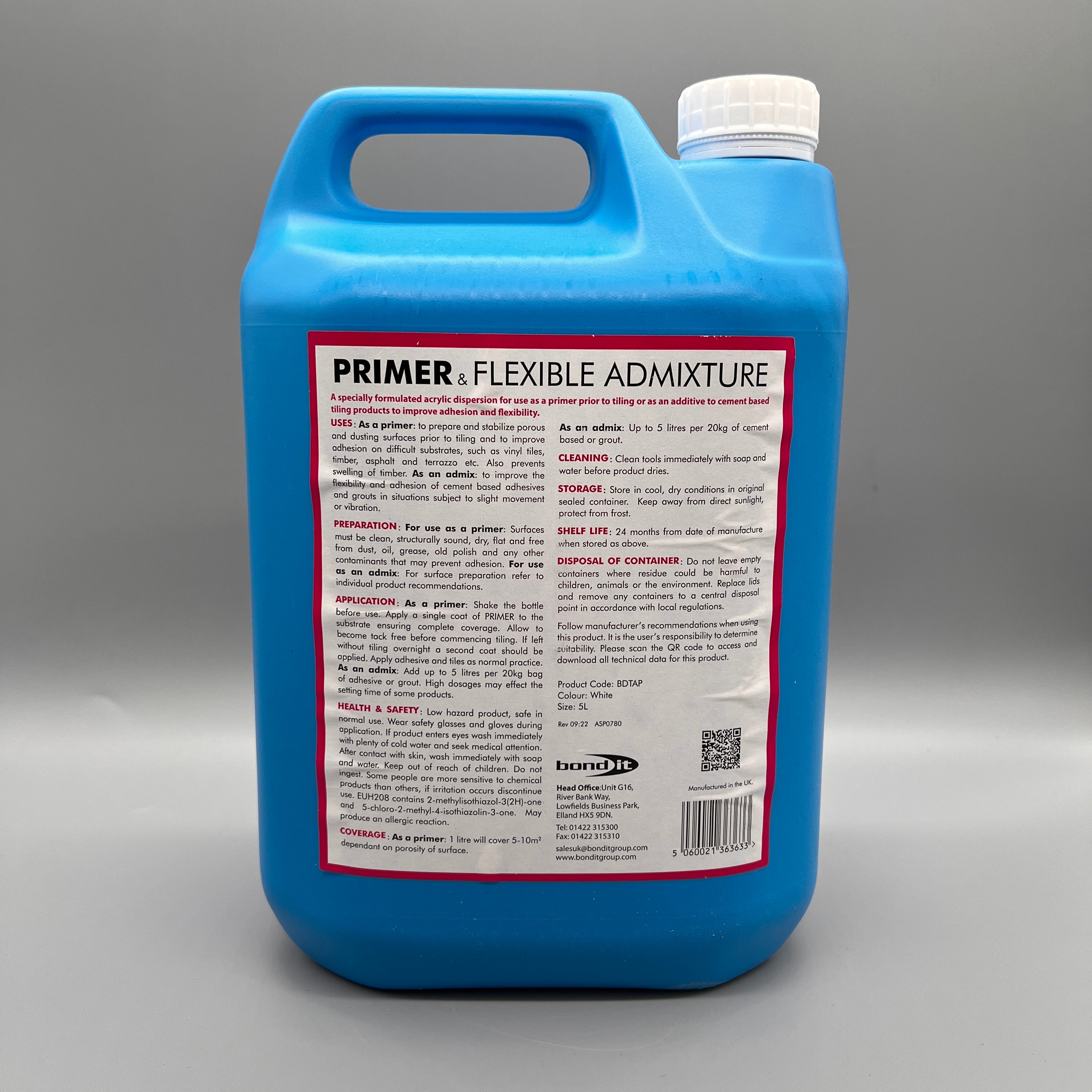 Back label of Bond It Primer & Flexible Admixture showing usage instructions, mixing ratios, and safety information.