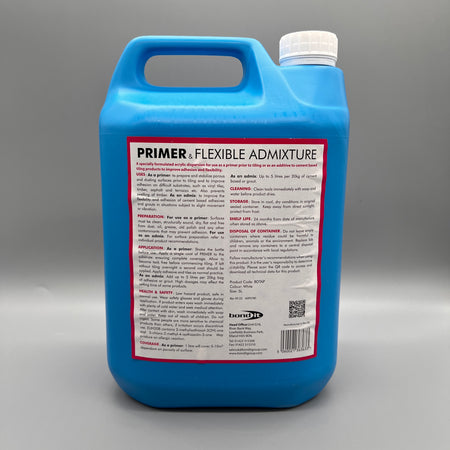 Back label of Bond It Primer & Flexible Admixture showing usage instructions, mixing ratios, and safety information.