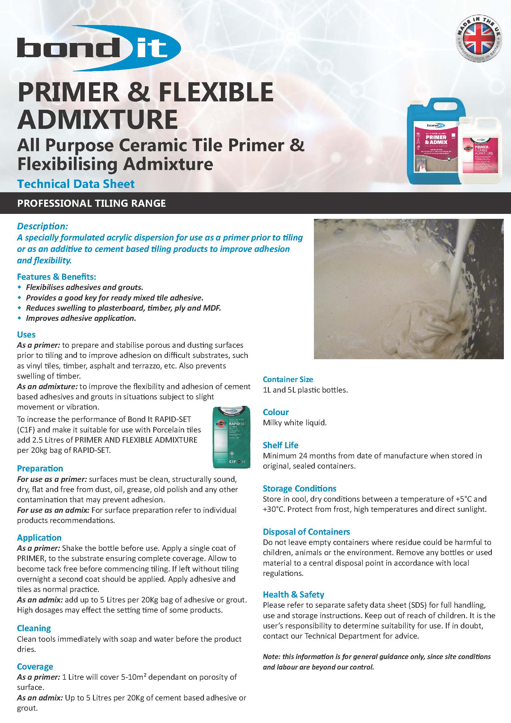 Bond It Primer & Flexible Admixture Technical Data Sheet 1 detailing product specifications, performance data, and application guidelines.