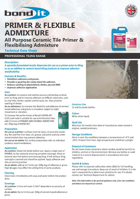Bond It Primer & Flexible Admixture Technical Data Sheet 1 detailing product specifications, performance data, and application guidelines.