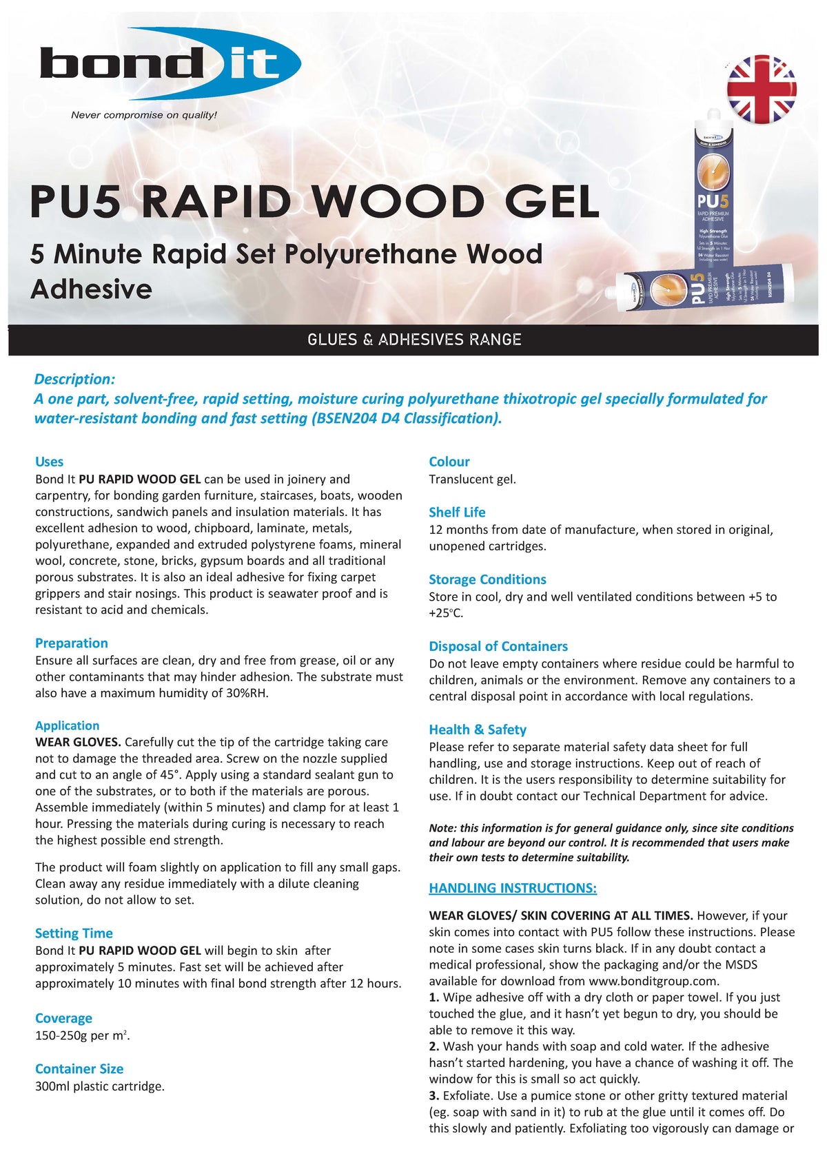 Bond It PU5 Wood Glue polyurethane adhesive used for exterior and interior woodworking Data Sheet 1