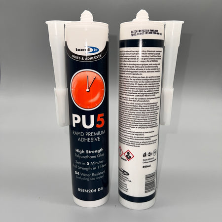 Bond It PU5 Wood Glue polyurethane wood adhesive showing front and back of tube