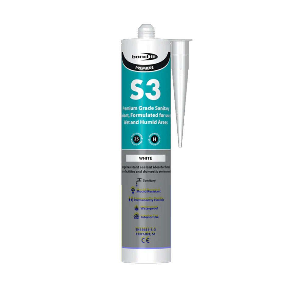 Bond It S3 sanitary silicone sealant clear 310ml cartridge on white background