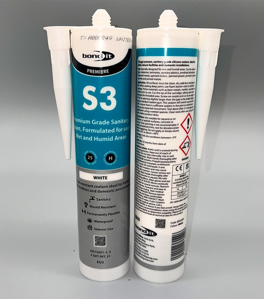 Front label and back instrucitons label of Bond It S3 sanitary silicone white 310ml mould resistant sealant