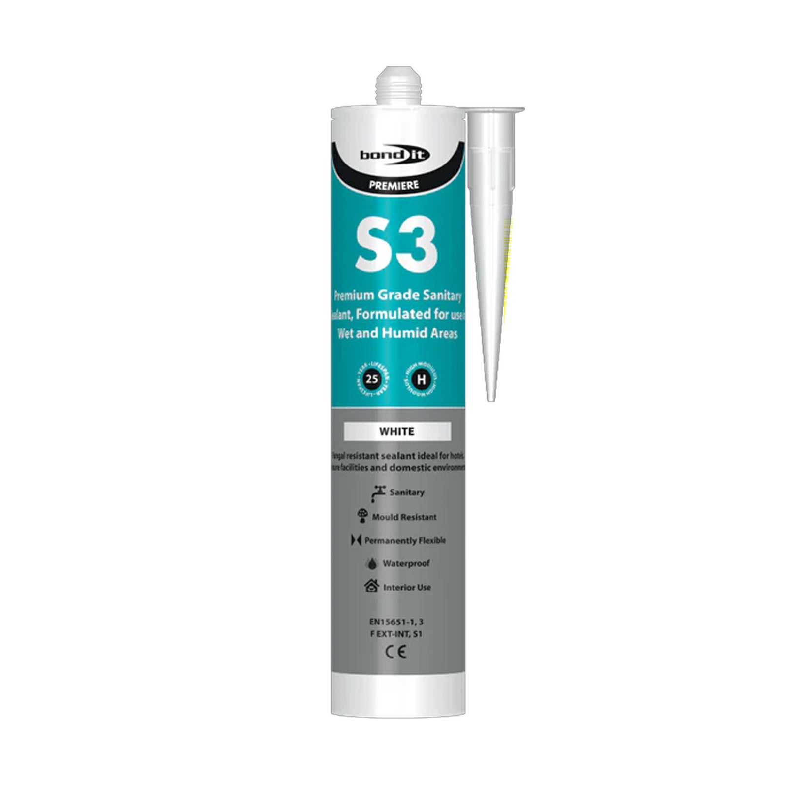 Bond It S3 sanitary silicone sealant white 310ml cartridge on white background