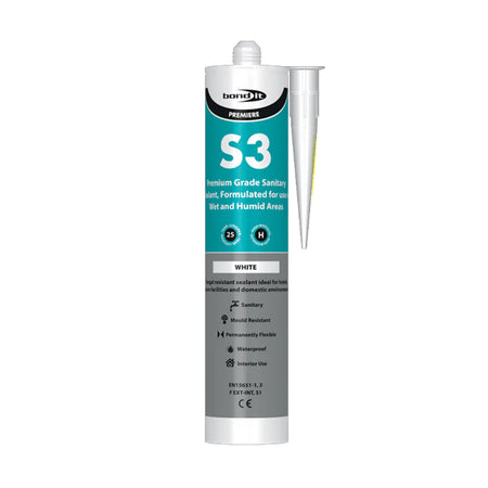 Bond It S3 sanitary silicone sealant white 310ml cartridge on white background