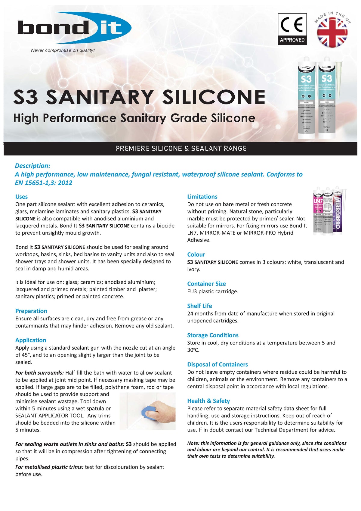 Bond It sanitary silicone technical data sheet (TDS) 1