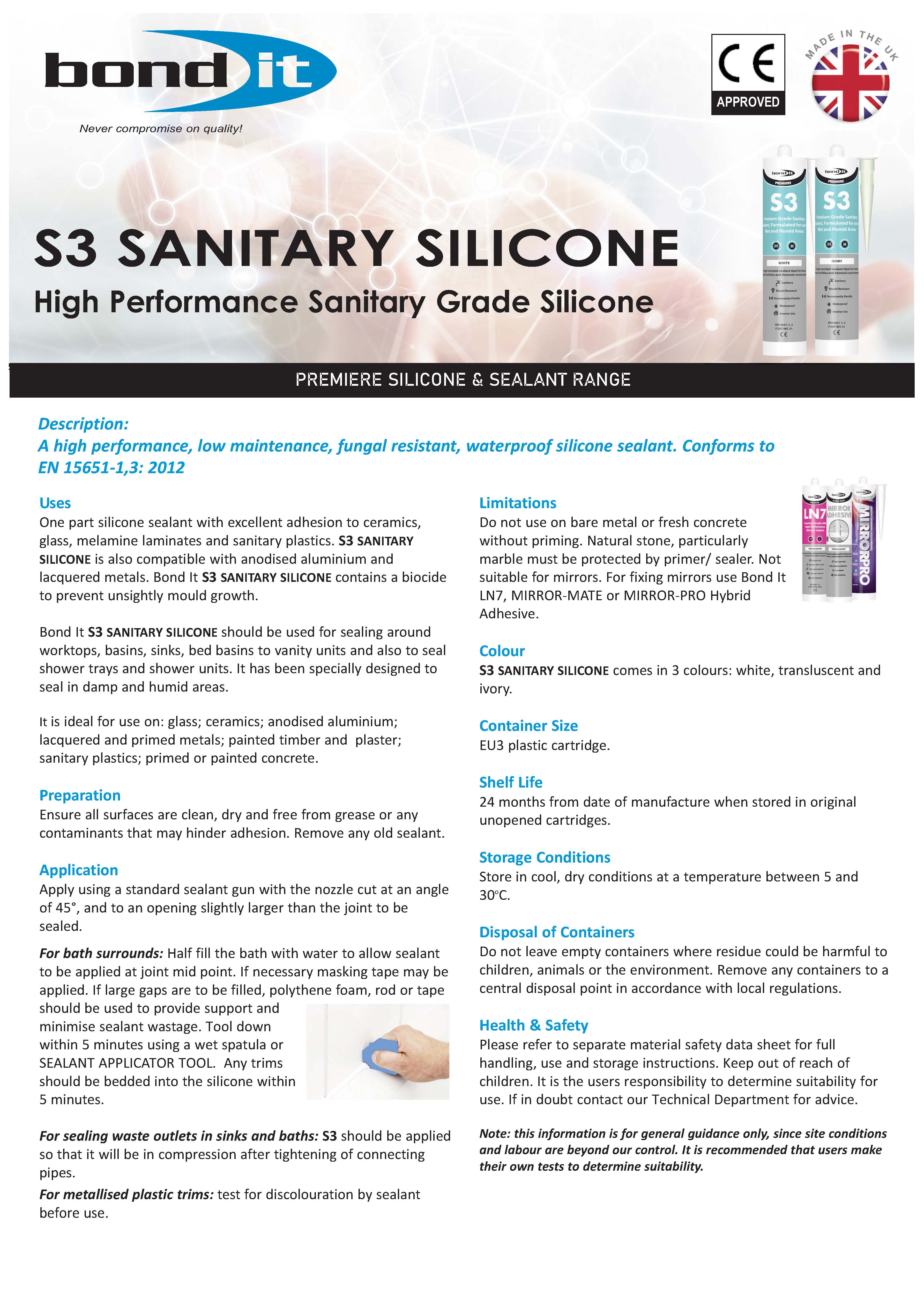 Bond It sanitary silicone technical data sheet (TDS) 1