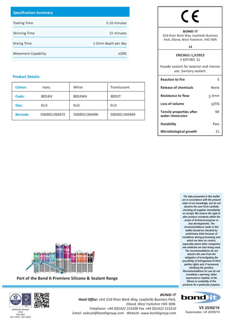 Bond It sanitary silicone technical data sheet (TDS) 2