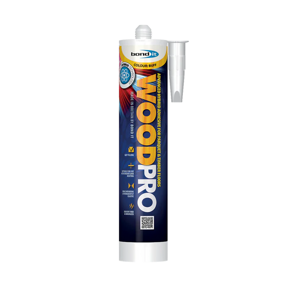 Bond It Wood Pro hybrid wood flooring adhesive 285ml EU3 cartridge buff on white background