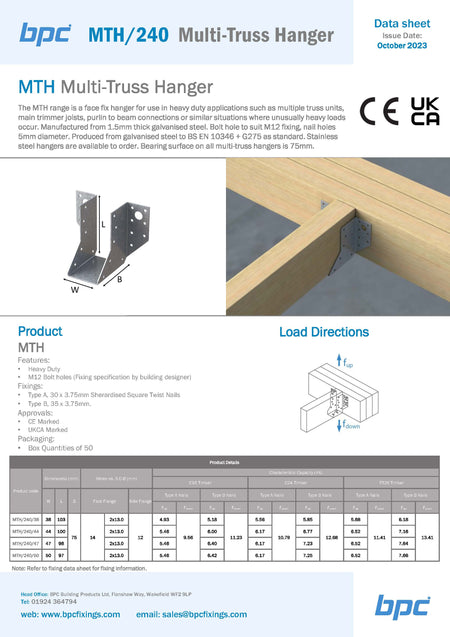 BPC MTH/240 heavy duty multi truss hanger technical data sheet and specifications