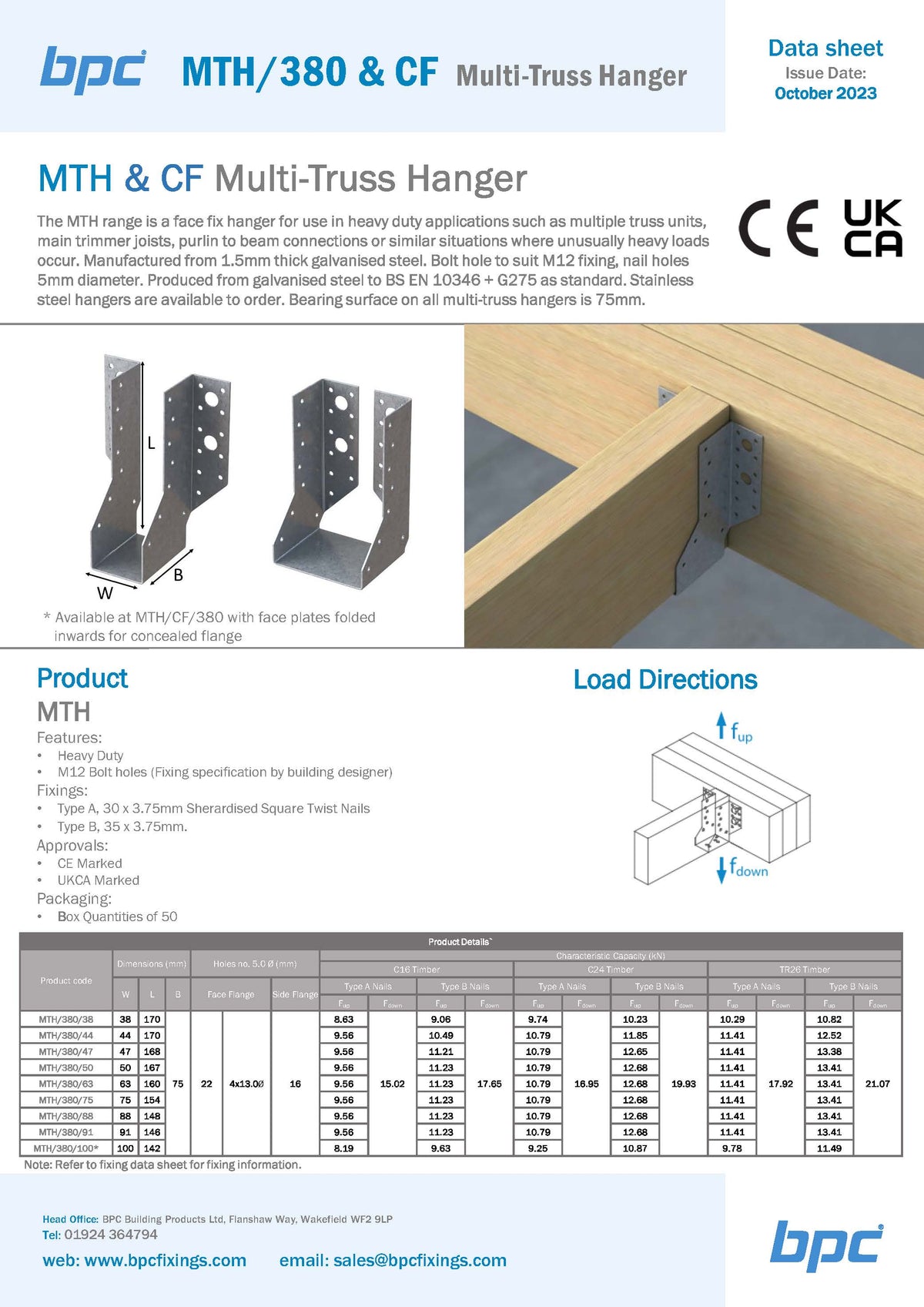 BPC MTH/380 multi truss hanger technical data sheet and load specifications
