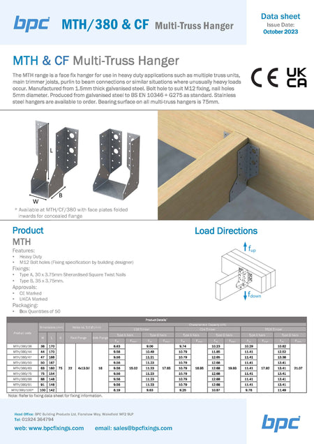 BPC MTH/380 multi truss hanger technical data sheet and load specifications