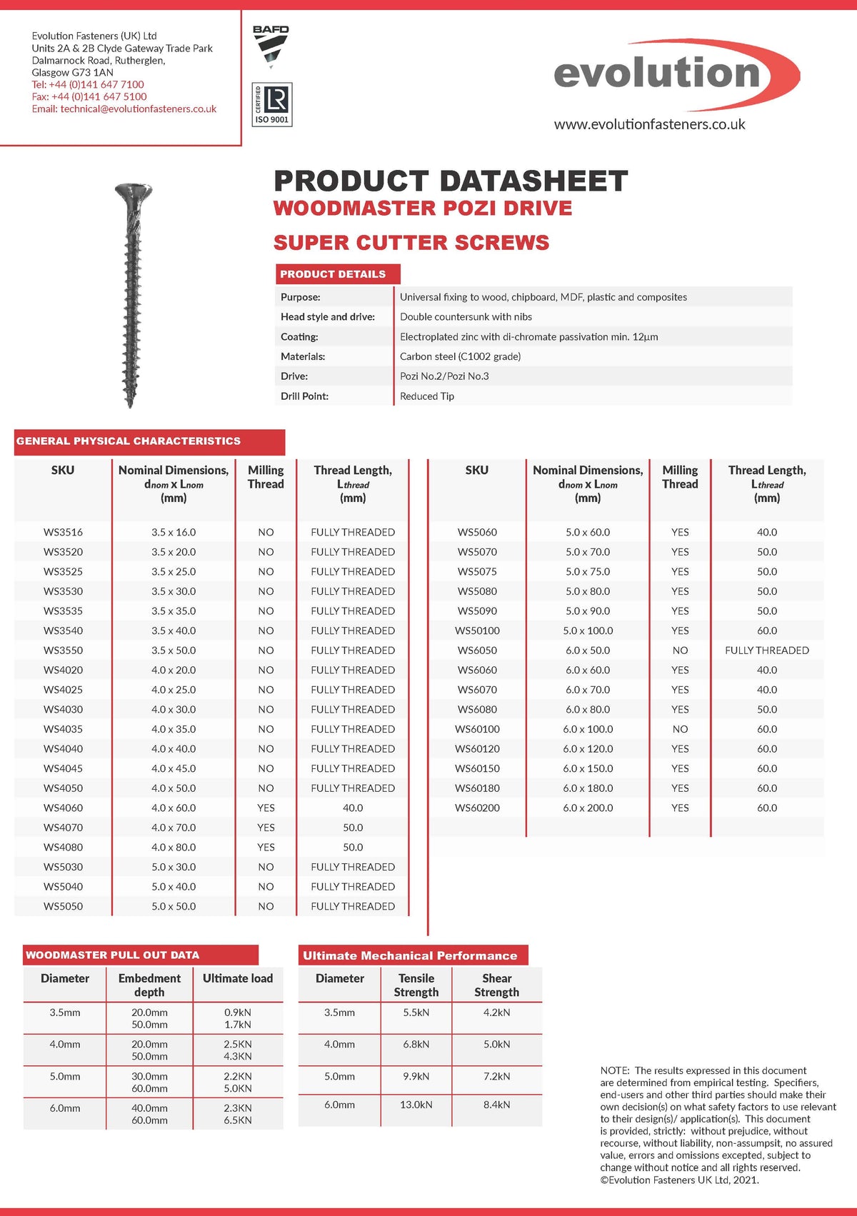 Technical data sheet for Evolution WoodMaster Pozi Drive Super Cutter screw 4.0 × 35mm