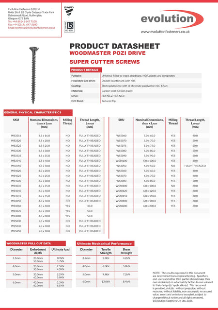 Technical data sheet for Evolution WoodMaster Pozi Drive Super Cutter screw 4.0 × 35mm
