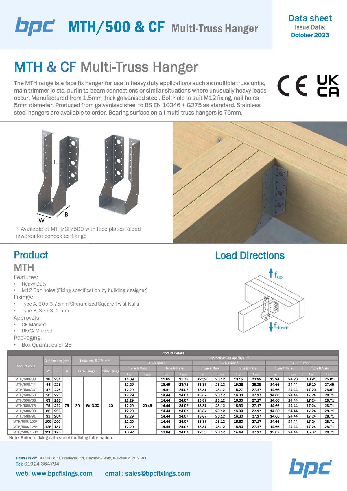 BPC MTH/500 heavy duty multi truss hanger technical data sheet and specifications