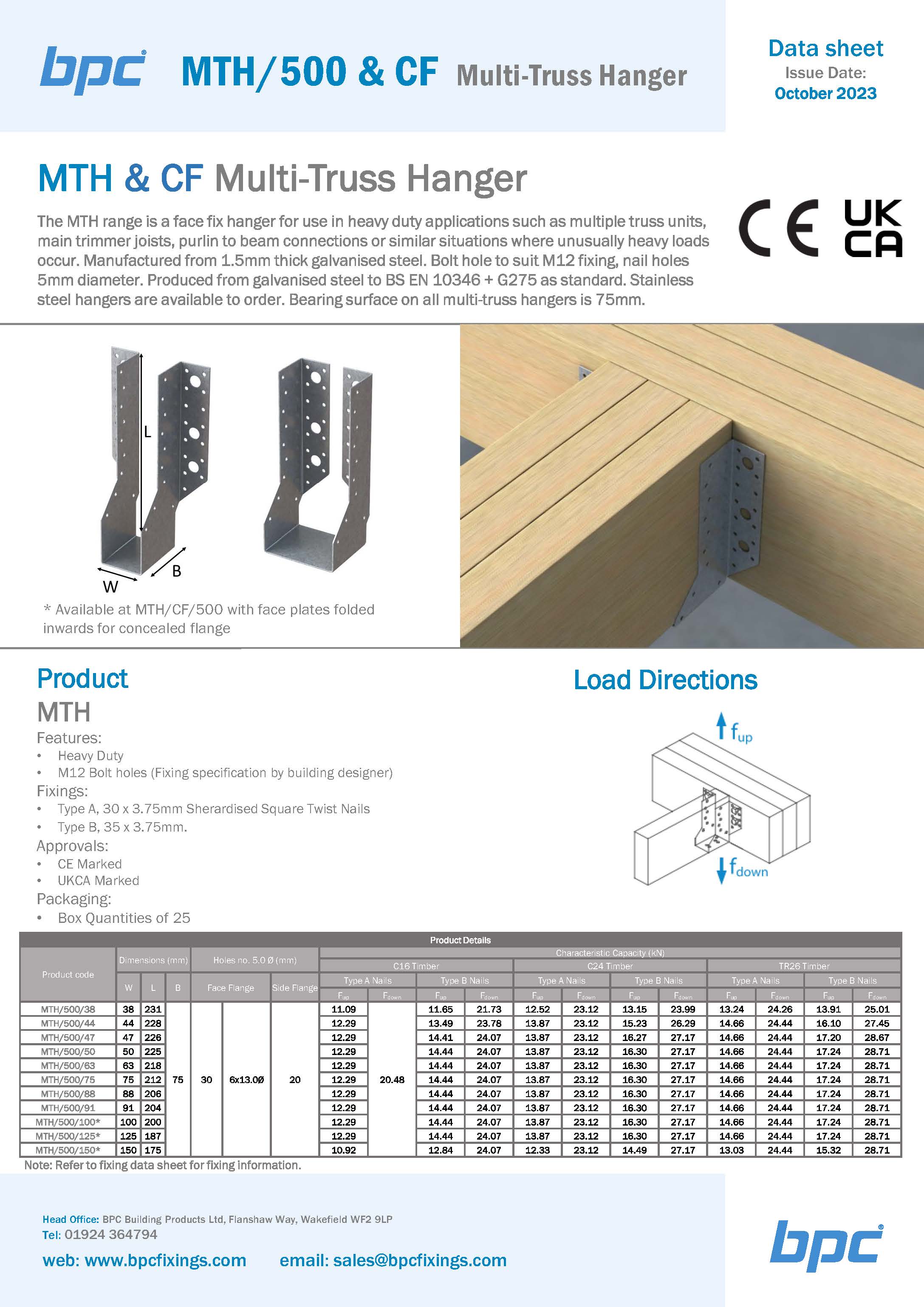 BPC MTH/500 heavy duty multi truss hanger technical data sheet and specifications
