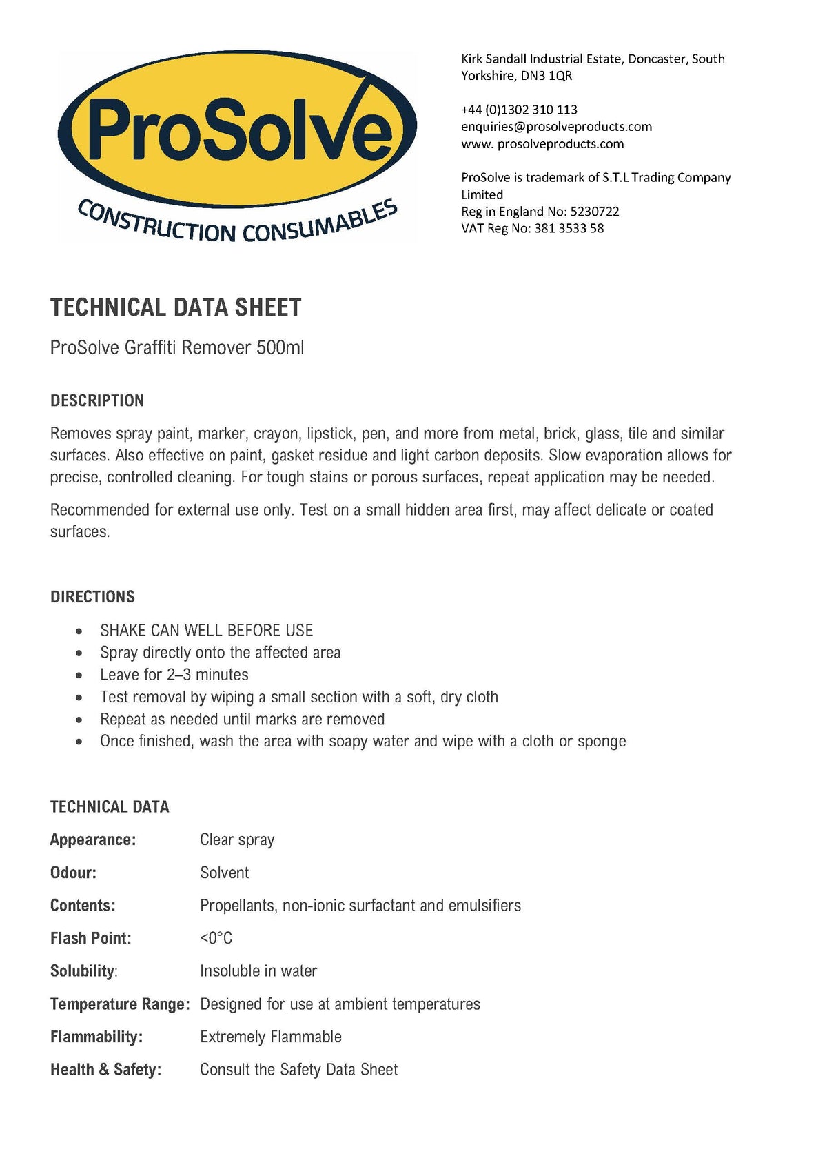 ProSolve Graffiti Remover technical data sheet 1 with safety and application details