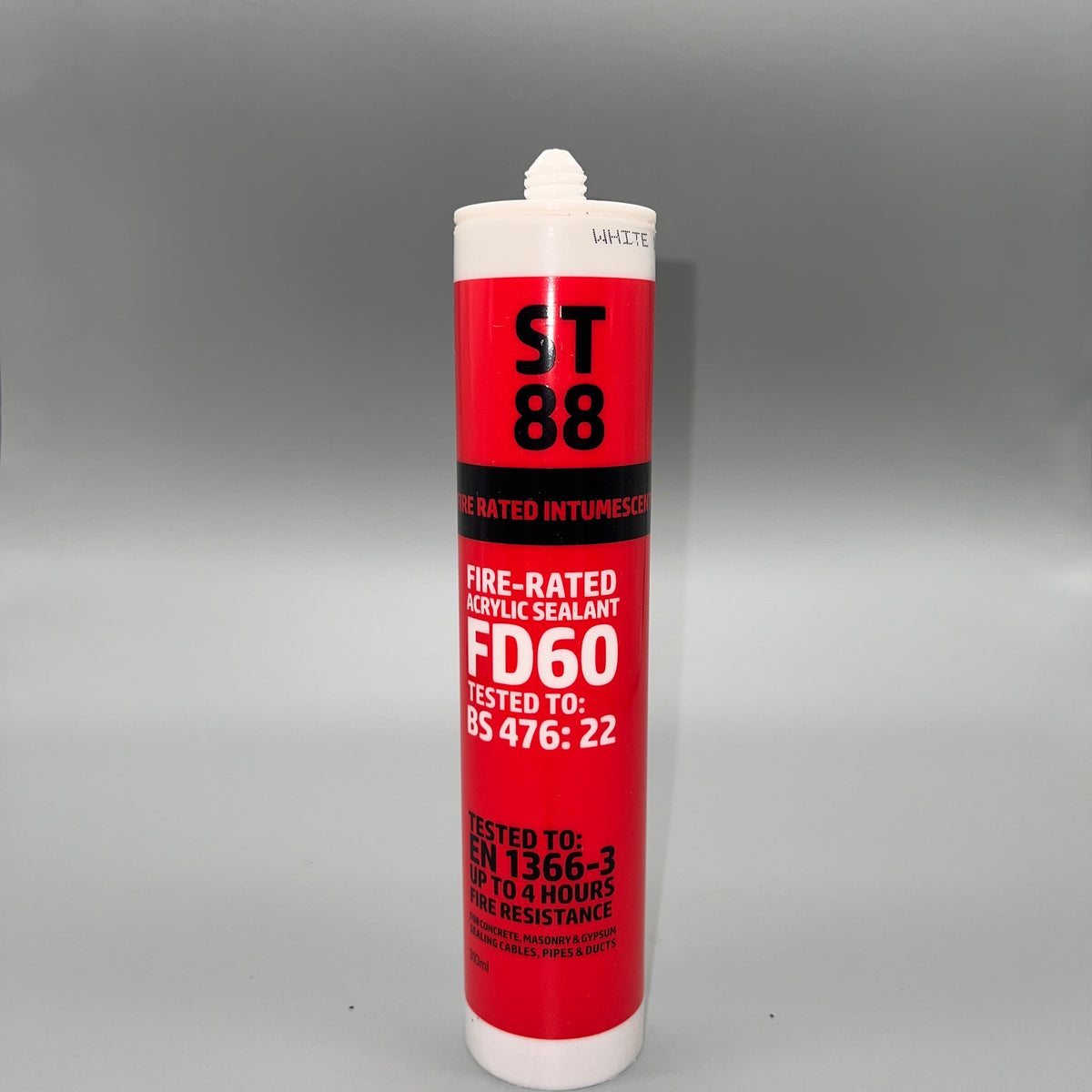 Single tube of ST88 FD60 fire-rated acrylic sealant in white, 310ml intumescent fire-stopping cartridge
