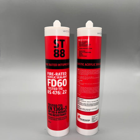 Front & back view of ST88 FD60 fire-rated acrylic sealant showing product label and specifications