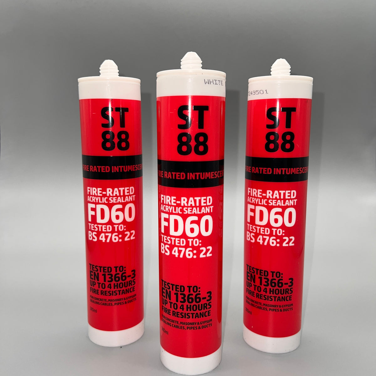 Three tubes of ST88 FD60 fire-rated acrylic sealant in white displayed together for multi-pack presentation