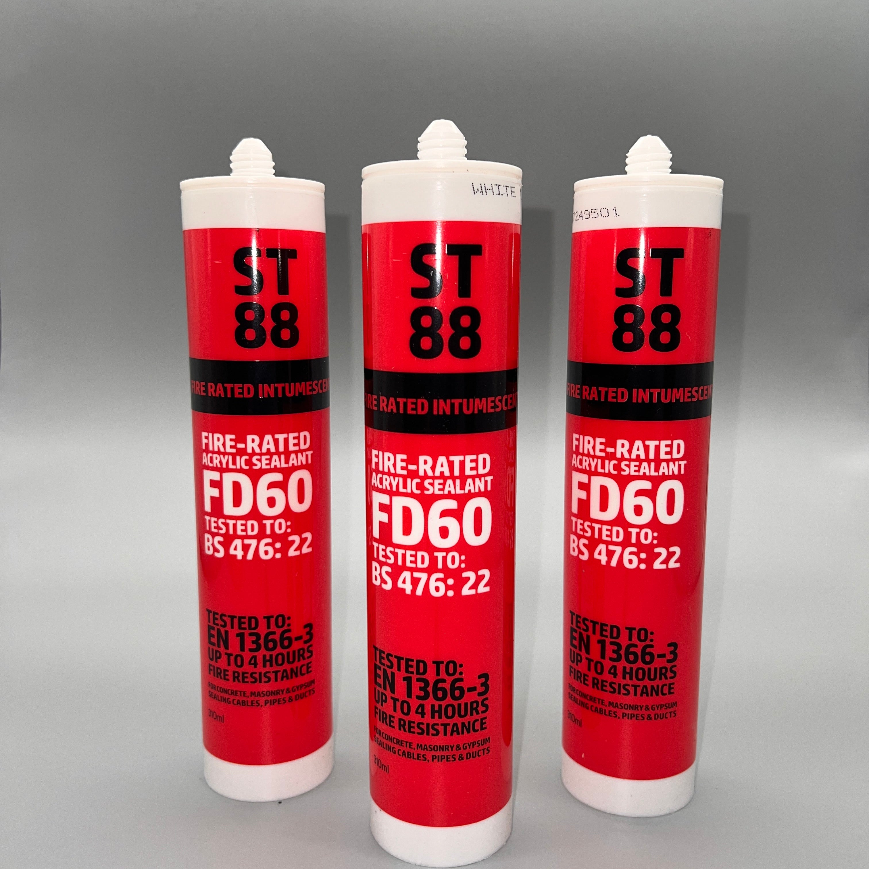 Three tubes of ST88 FD60 fire-rated acrylic sealant in white displayed together for multi-pack presentation