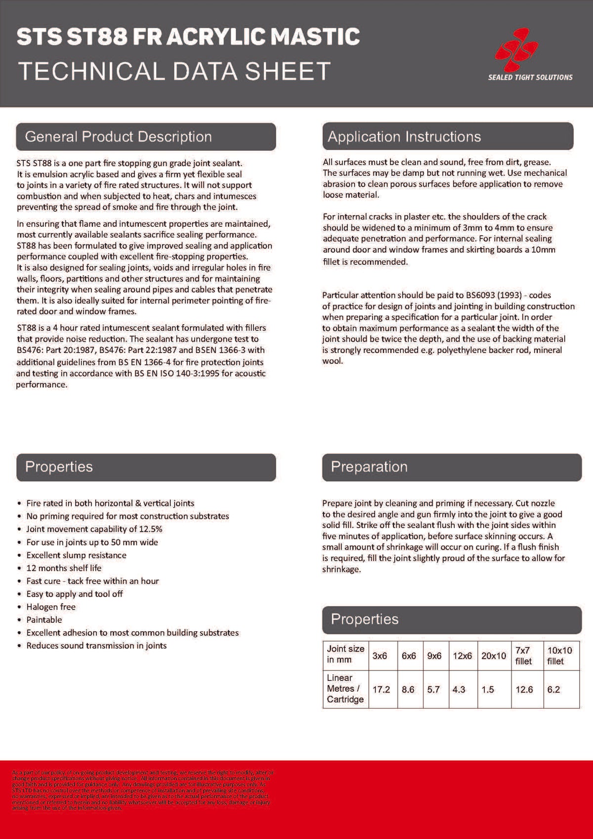 ST88 FD60 fire-rated acrylic sealant technical data sheet page 1 showing product overview, features and performance specifications