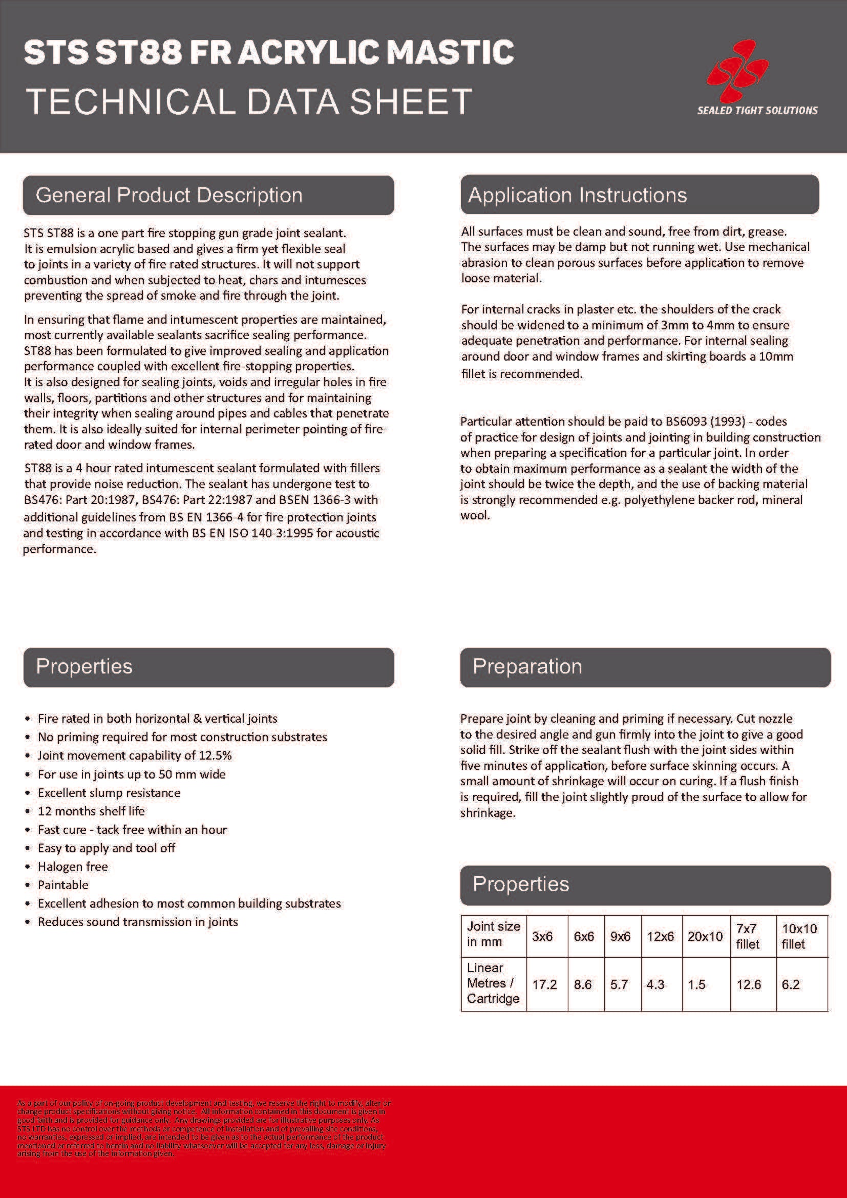 ST88 FD60 fire-rated acrylic sealant technical data sheet page 1 showing product overview, features and performance specifications