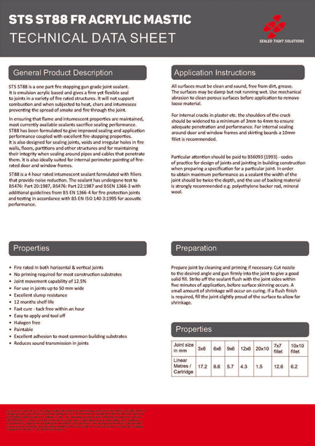 ST88 FD60 fire-rated acrylic sealant technical data sheet page 1 showing product overview, features and performance specifications