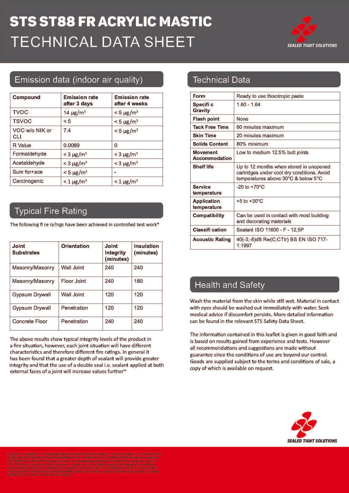 ST88 FD60 fire-rated acrylic sealant technical data sheet page 2 containing application instructions, technical values and safety information