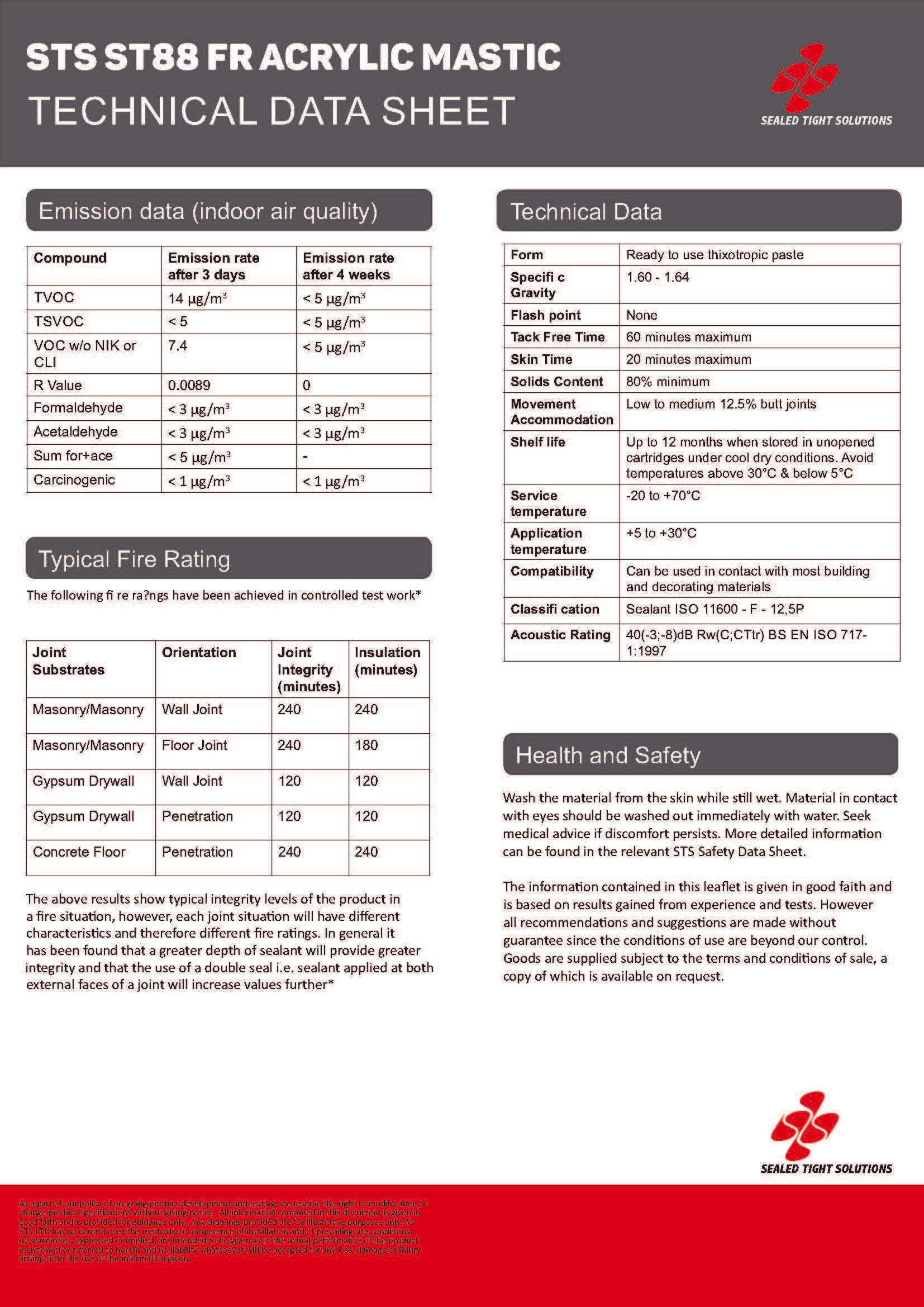 ST88 FD60 fire-rated acrylic sealant technical data sheet page 2 containing application instructions, technical values and safety information