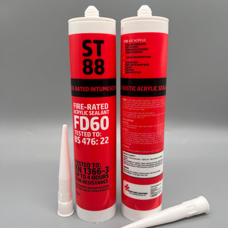 ST88 fire rated intumescent acrylic sealant cartridges showing front and back