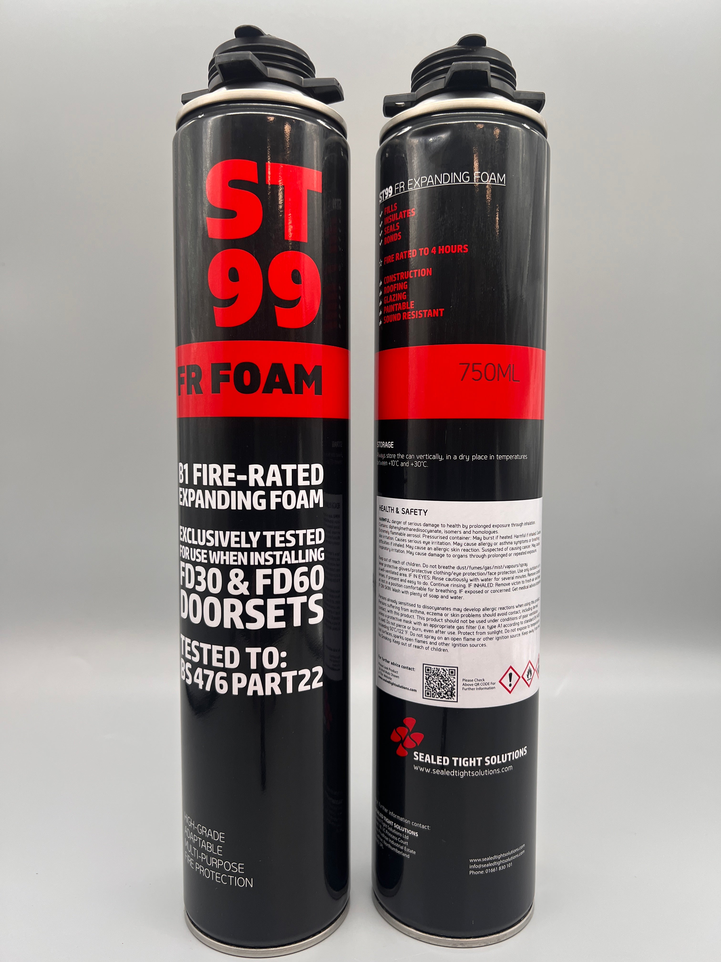ST99 fire rated expanding foam cans showing front and back labels